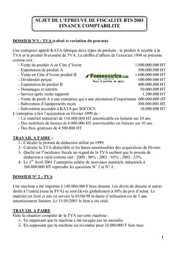 Sujet corrigé de Fiscalité BTS Finances Comptabilité et Gestion d’Entreprises 2003