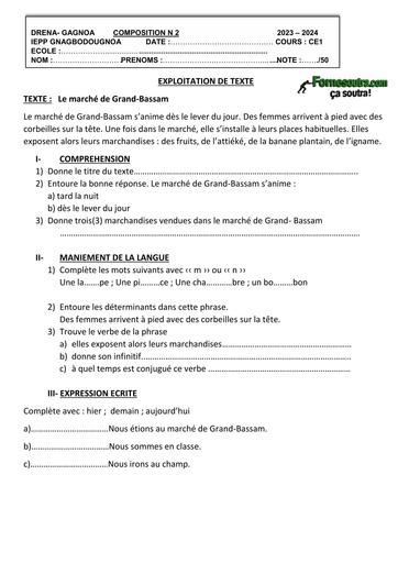 PRIMAIRE Composition N°2 CE1 année 2024 BY TEHUA