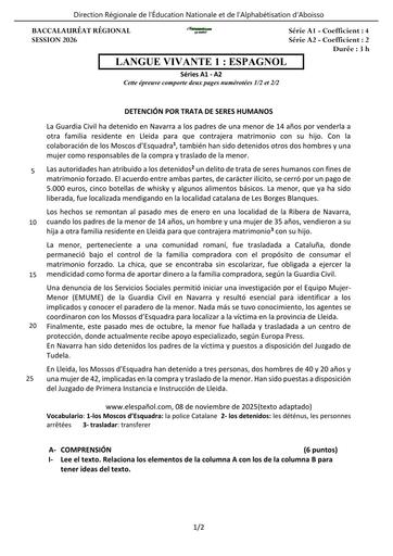 BAC BLANC 2026 DRENA ABOISSO SUJET LV1 ESPAGNOL SERIE A (SUJET) by TEHUA