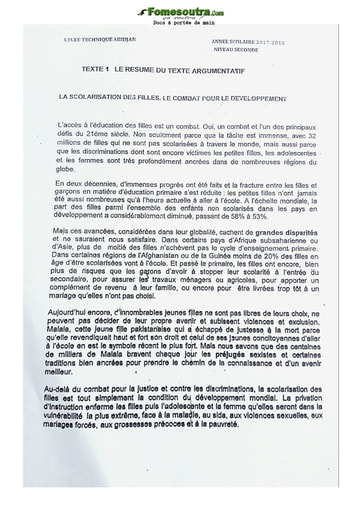 Sujet Resume Du Texte Argumentatif Niveau 2nde Lycee Technique Abidjan