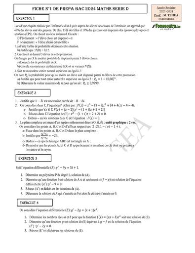 FICHE 1 PREPA BAC 2024 MATHS SERIE D by Tehua