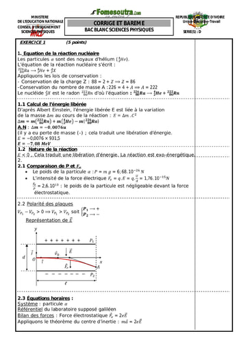 Corrigé Devoir 6 Physique-Chimie niveau Terminale D lycée moderne Dimbokro