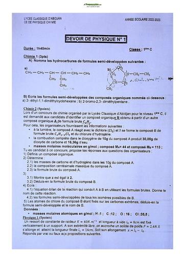 Sujet de Physique-Chimie Première C Lycée Classique Abidjan 2023