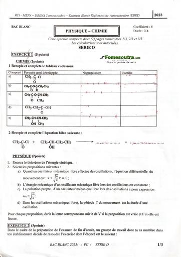 SUJET DE PC TLE D EXAMEN BLANC RÉGIONAL YAMOUSSOUKRO 2023