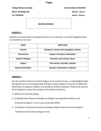 SUJET 1ière A DEVOIR SURVEILLÉ SVT 1ere A sujet + corrigé COLLEGE MODERNE DE COCODY BY TEHUA
