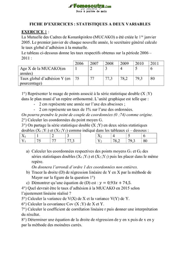 Fiche d'exercices - Statistiques à deux variables - Groupe Scolaire Sainte Foi Abidjan