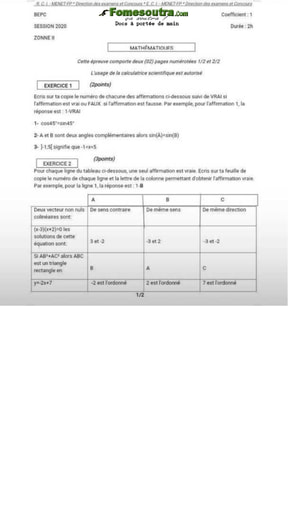 Sujet de Mathématique BEPC 2020 zone 2