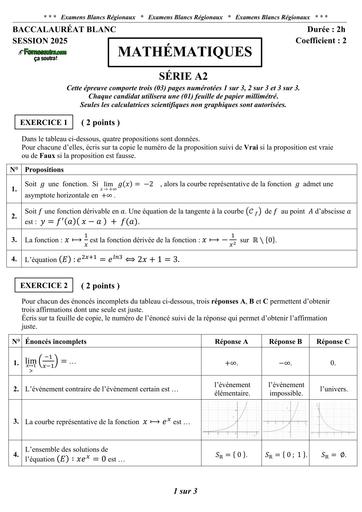 SUJET MATHS BAC BLANC A2 2025 by TEHUA