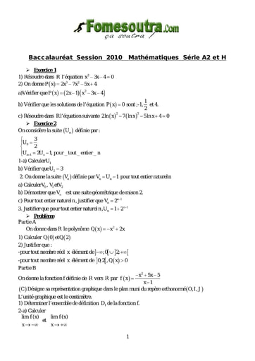Sujet de Maths BAC A2 et H 2010