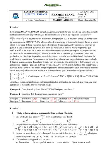 EXAMEN BLANC 2025 MATHS 1ière D4 Lycée scientifique Auguste le Grand by TEHUA