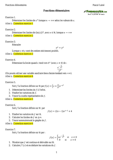 Sujets corrigés Fonctions élémentaires - Maths sup