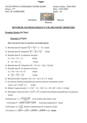 DEVOIR DE MATHS NIVEAU 3ième LPCNDS DE OUAGA N°1 TRIMESTRE 2 BY TEHUA
