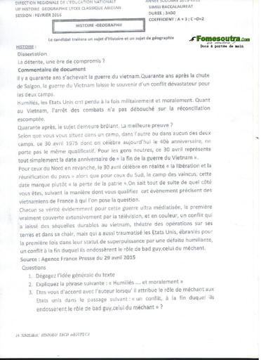 Sujet d'Histoire et Geographie BAC blanc 2016 serie A, C et D Lycée Classique d'Abidjan