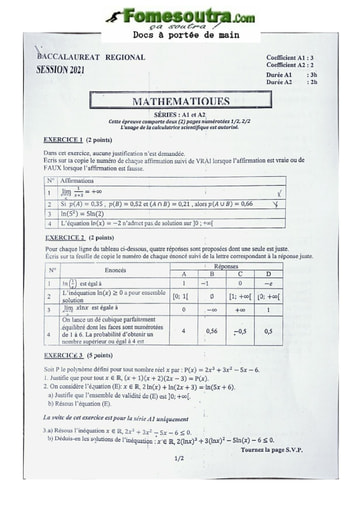 Sujet de Mathématique BAC régional série A1&A2 2020-2021