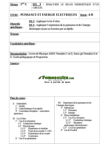 Puissance et énergie électriques - Physiques 1ere C et D