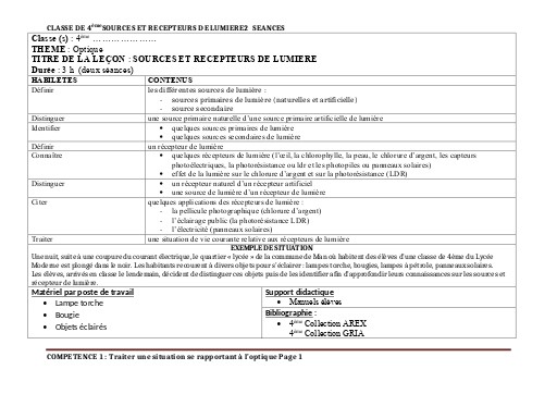 FICHE DE COURS 4ième SOURCES ET RECEPTEURS DE LUMIERE by TEHUA
