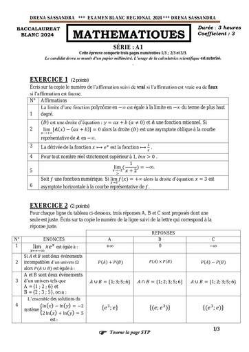 BAC blanc 2024 A1 MATHS Dren Sassandra by Tehua