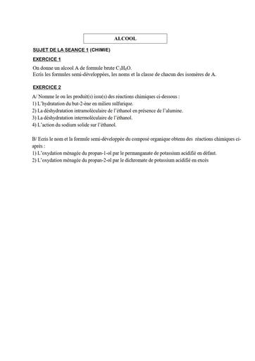 COURS DE VACANCES CHIMIE Tle SUJET 1 (ALCOOL)
