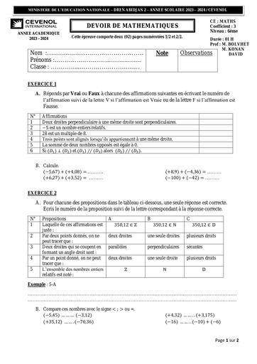 Devoir N°2 Maths 6ième By Tehua