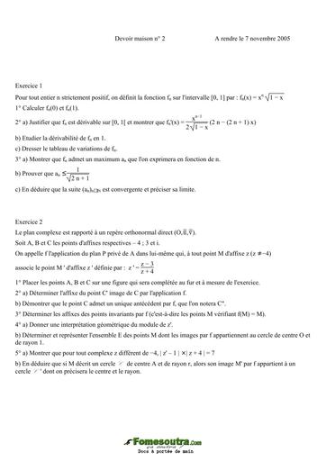 Devoir surveillé (2) et correction de Mathématiques niveau Terminale C, E et S