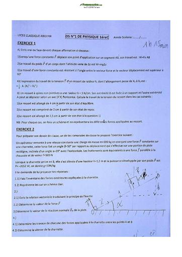 Sujet de Physique-Chimie Première C Lycée Classique Abidjan 2022-2023