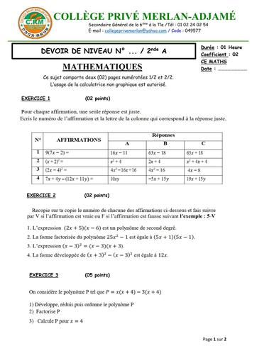 DEVOIR DE MATHS 2nde A MERLAN FEVRIER 2026