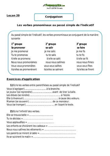 Les verbes pronominaux au passé simple de l’indicatif - Cours CM1