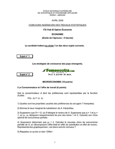 Sujet d'Economie ITS B option Economie 2009 (ENSEA)