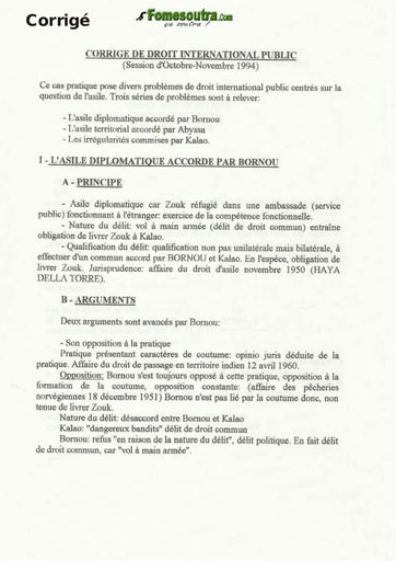 Corrigé de l'épreuve de Droit International Public - Novembre 1994