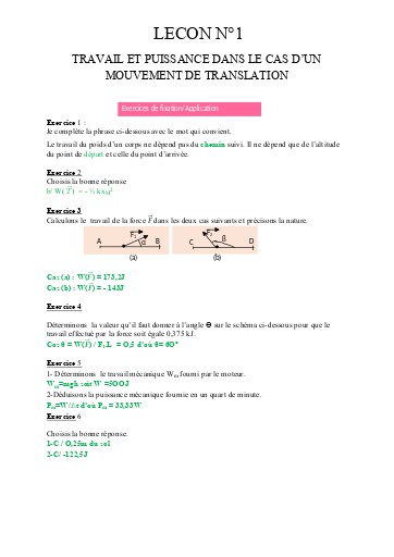 Corrigés Leçon 1 Travail et puissance translation