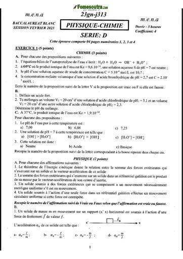 Bac blanc fév 2023 PC serie D sujet+barème by TEHUA