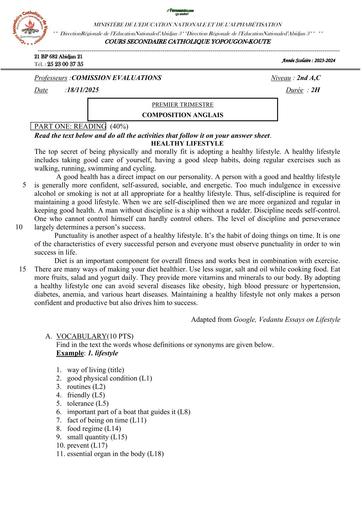 DEVOIR D'ANGLAIS NIVEAU 2nde AC 2026 HEALTHY LIFESTYLE by TEHUA