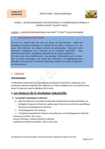 La révolution industrielle aux xviiième et xixème siècles en Europe - Cours de Géographie niveau 4eme