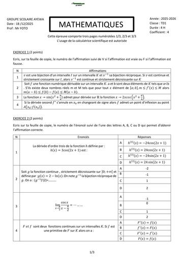 DEVOIR DE MATHS NIVEAU Tle D TRIMESTRE 2 DECEMBRE 2025 BY TEHUA