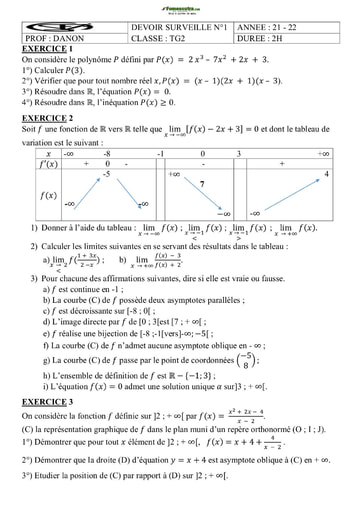 Devoir de Mathématique Niveau Terminale G2 2021-2022