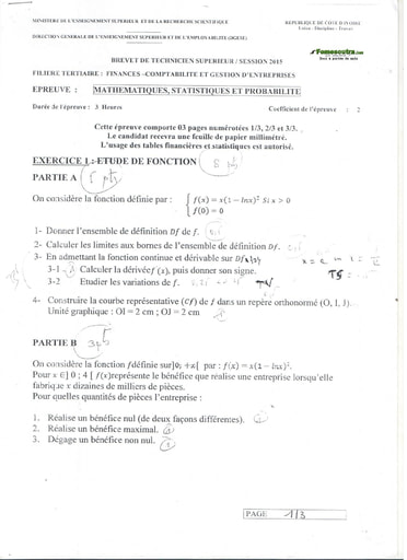 Sujet corrigé Mathématiques, Statistiques et Probabilité BTS 2015 - Finances Comptabilité et Gestion d'Entreprises