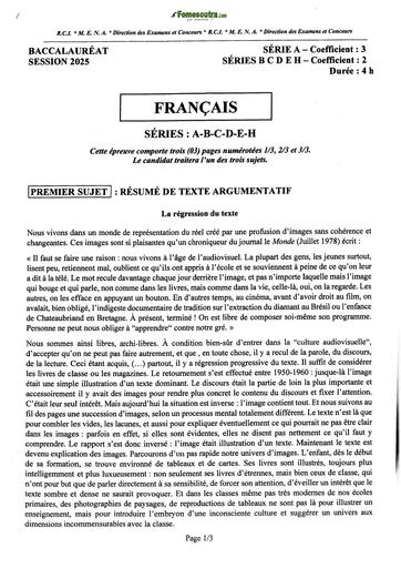 BAC 2025 Côte d'Ivoire SUJET+ BAREME Français RESUME DE TEXTE SERIE SERIE ABCDH BY TEHUA