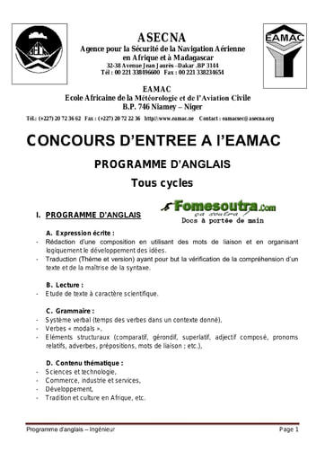 Concours d’entrée a l’EAMAC programme d’Anglais – Tous les cycles