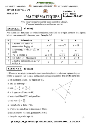 Devoir de Mathématiques (Thalès et racine carrée) niveau 3eme - Collège Saint Moïse Abobo - Année scolaire 2021-2022