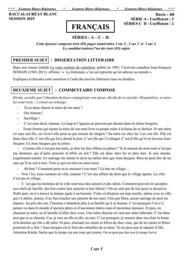 BAC BLANC REGIONAL 2025 FRANCAIS (DISSERTATION; CC ET RESUME) SERIE ACD SUJET BY TEHUA