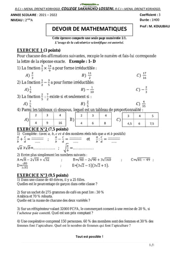 Devoir de Mathématiques 2ndA  2021-2022