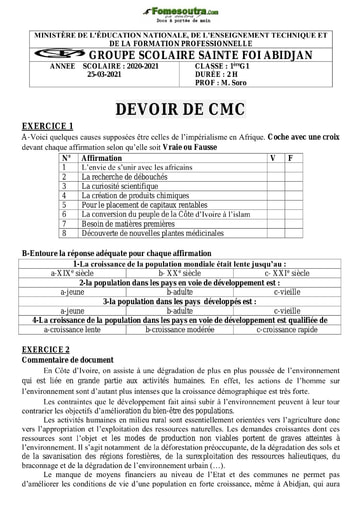 Devoir de CMC Première G 2020 2021 GROUPE SCOLAIRE SAINTE FOI ABIDJAN