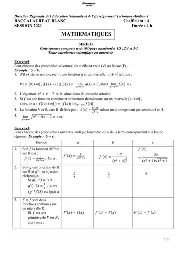 BAC BLANC 2021 SUJET DE MATHS SERIE D DRENA ABIDJAN 4 BY TEHUA