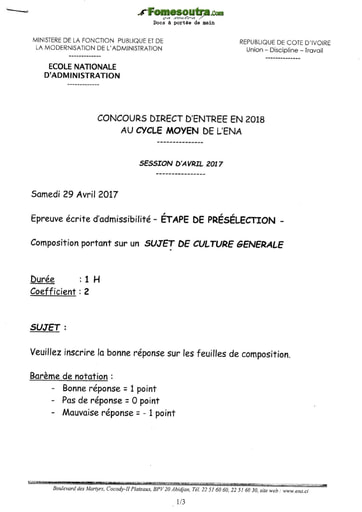 Sujet de Culture Générale - Etape de présélection concours ENA cycle moyen  (Avril 2017)