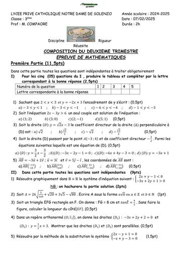 SUJET MATHS 3ième TRIMESTRE 2 LPCND DE SOLENZO  2025 BY TEHUA