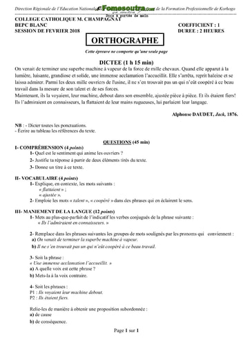 Sujet d'orthographe BEPC blanc 2018 - Collège Catholique Champagnat Korhogo