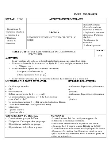 FICHE PROFESSEUR 13   CIRCUIT RLC SERIE EN REGIME SINUSOIDAL FORCE