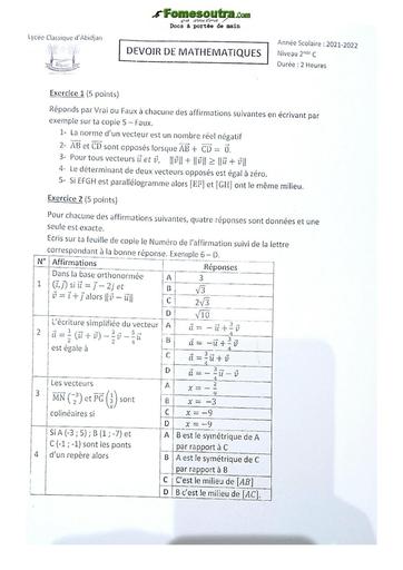 Sujet de Mathématiques Seconde C Lycée Classique Abidjan 2021-2022