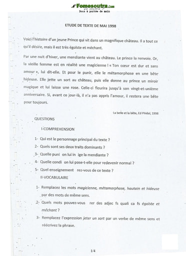 Sujet et corrigé d'Etude de texte concours d’entrée à l'EMPT Bingerville 1998