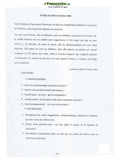 Sujet et corrigé d'Etude de texte concours d’entrée à l'EMPT Bingerville 1998